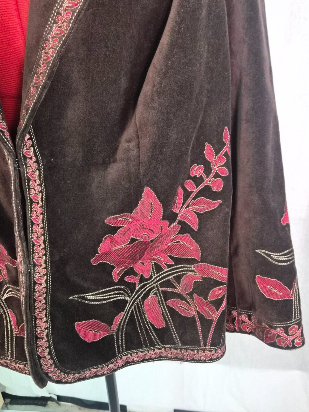 Nygard Collection Brown Embroidered Velvet Johnny Jacket Blazer Floral Trim 24 - Picture 2 of 11